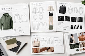 design fashion tech packs, clothing flat sketches, backpack and bag tech packs