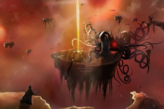 create an epic fantasy landscape or worldbuilding illustration