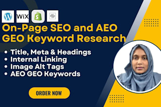 do onpage SEO for wordpress, wix, squarespace, and shopify with aeo GEO keywords