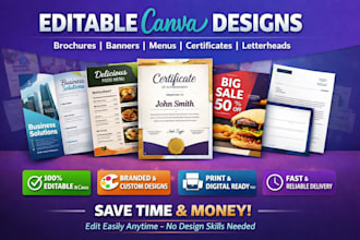 design editable canva brochures, banners, certificates, food menu, letterhead