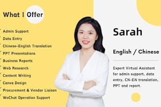 be your virtual assistant for admin, data entry, translation, PPT and report