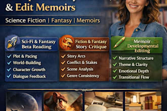 beta read sci fi novels, critique fantasy stories, and development edit memoirs