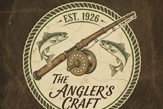 design a classic vintage fishing rod logo for your brand