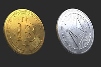 design 3d crypto coin, cryptocurrency bitcoin token, 3d gold, silver coin, nft