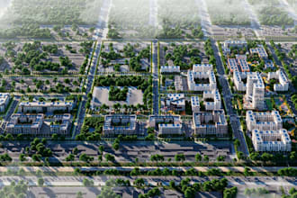 develop 3d master plan, urban development, commercial building tower, map render