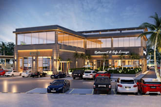 redesign 3d commercial building exterior, outdoor restaurant, car park rendering