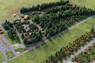 stylize 3d cabin houses masterplan, greenery landscape,farmhouse, cottage render