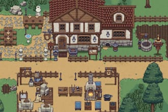 create top down pixel art tileset, 2d background, tile map, rpg indie game asset