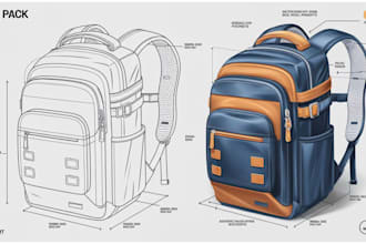design backpack, leather bag, purse with production ready tech pack