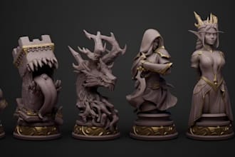 do 3d mythological chess set,3d gothic head bust, iconic figurines,3d board game