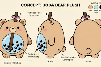 design custom plushie reference sheet and stuffed animal character concept art