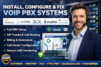 install, configure voip pbx systems, asterisk, 3cx, freepbx, magnus billing, IVR