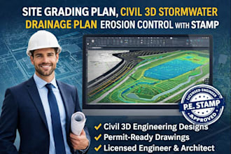 site grading plan, civil 3d stormwater drainage plan erosion control with stamp