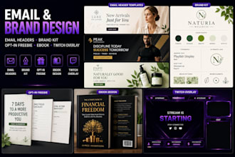 design email header templates, brand kit, optin freebie and twitch overlay ebook