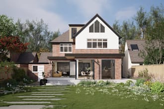 visualize uk home exterior design, render residential house, 3d outdoor garden