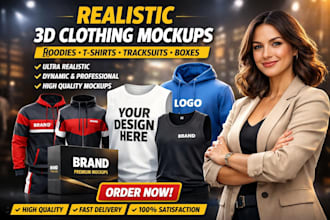 create a realistic dynamic 3d clothing mockups hoodies tshirts tracksuits box