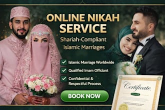 officiate your online nikah islamic marriage provide wali, 2 witnesses same day