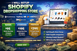 setup shopify dropshipping store via brandsgateway topdawg temu printful dhgate