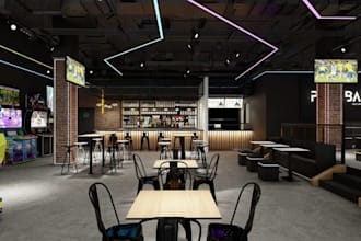 3d image a rendering or photo of an entertainment venue, dinning area design