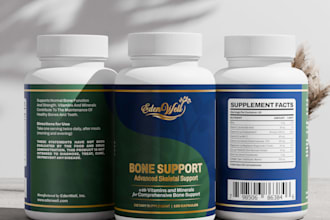 design creative supplement label, realistic 3d bottle mockup, pouch design