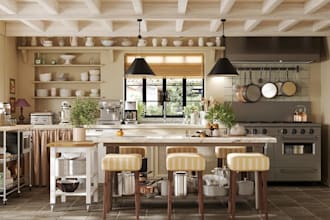 renovate 3d commercial kitchen interior, cabinery layout, dining area,cgi render