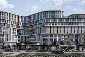 design uk private office building, coworking space rendering, 2d elevation plan