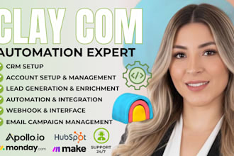 setup clay com, hubspot, zoho, apollo io, n8n, click up, dubsado, honeybook crm