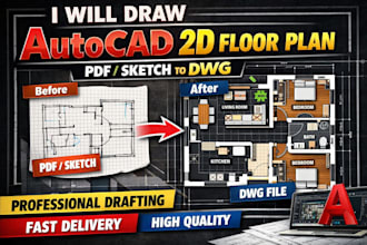 draw autocad 2d floor plan, architectural drawings, PDF or sketch to dwg