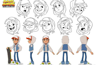 draw 2d character design, 2d cartoon, 2d game character and character sheet