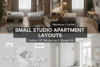 design your small studio apartment and 3d plan