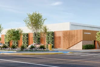 design 3d office building, coworking space, conference room, accent wall,car lot