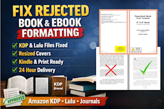 format,resize,fix rejected typeset book,ebook,kdp journal,covers,amazon kdp,lulu