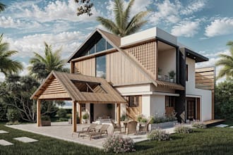 create 3d realistic rendering for farm house design, floorplan layout,