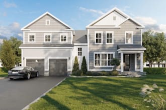 reconstruct two story house,modern home exterior,landscape yard,3d porch render