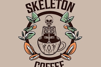 make retro skeleton drinking coffee shop logo