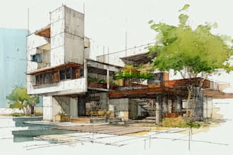 draw an architectural digital marker or watercolor sketches