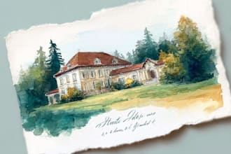 draw a custom wedding venue or home illustration in pen and watercolor