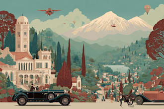 make vintage, retro, art deco, realistic travel poster or landscape illustration