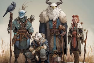 draw dnd party character sheet for fantasy game concept art