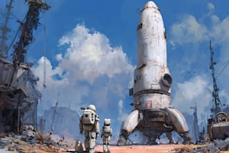 paint science fiction scenes with spaceships and robots