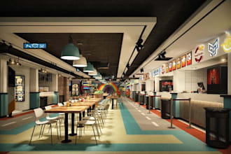 function commercial restaurant area, furniture layout design, interior rendering