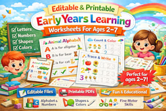 create editable and printable early years learning worksheets for ages 2 to 7
