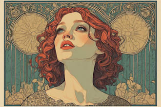 draw art nouveau illustration , retro vintage art , art deco , nouveau portrait