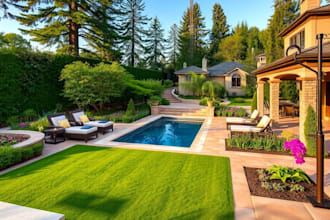 design landscape, terrace, backyard, pool, and patio
