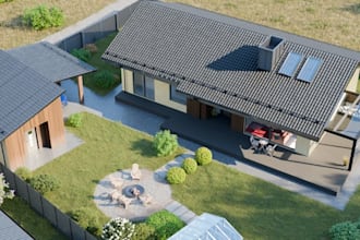 redesign 3d concrete farmhouse, cottage exterior,courtyard patio,porch,d5 render
