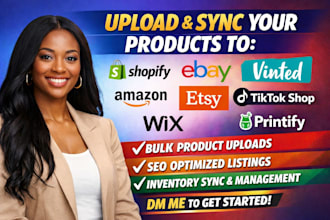 upload product sync to shopify ebay amazon vinted etsy tiktokshop wix printify
