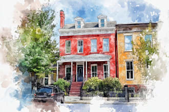hand draw architectural home building portrait  watercolor