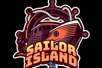 do unique old ship with waves mascot logo with t shirt design