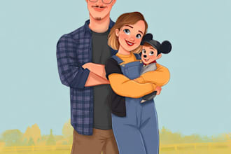 disney portrait cartoon character, pet, family illustration art