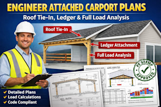 engineer attached carport plans with roof tie in, ledger, and full load analysis